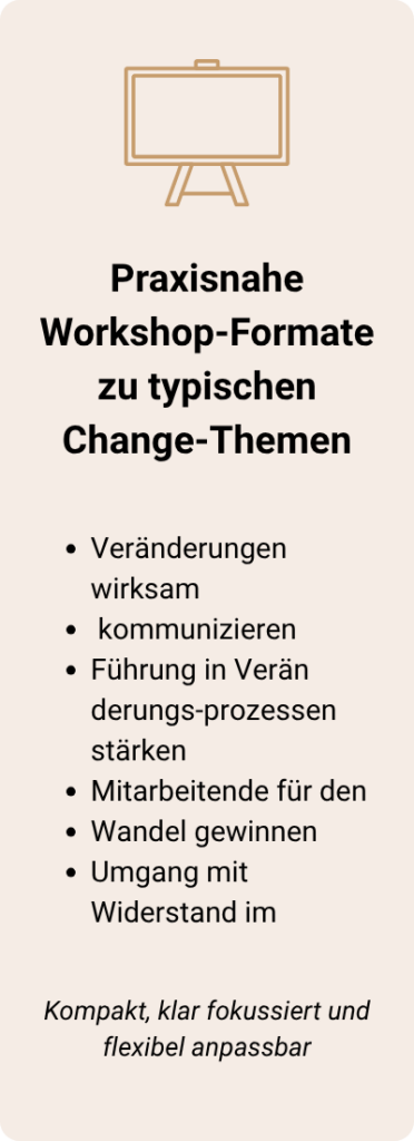 Grafik mit Flipchart und Text „Praxisnahe Workshop-Formate zu typischen Change-Themen“ – Change-Workshops für Führung und Kommunikation