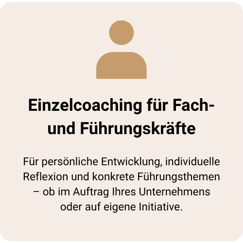 Grafik mit Symbol einer Person und der Aufschrift „Einzelcoaching für Fach- und Führungskräfte“ – Coaching im beruflichen Kontext