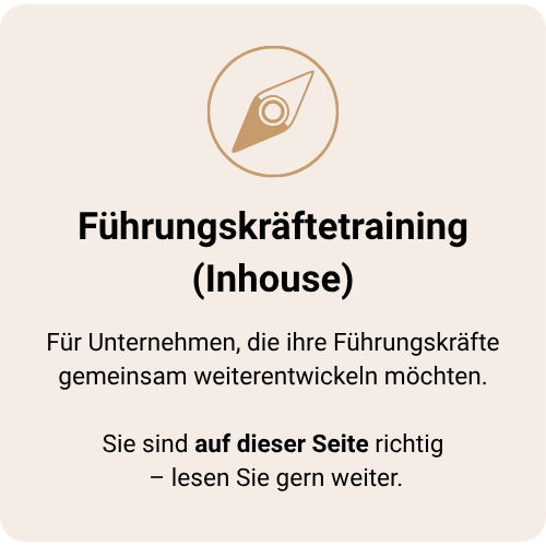 Grafik mit Kompasssymbol und Titel „Führungskräftetraining (Inhouse)“ – Teamentwicklung für Führungskräfte im Unternehmen