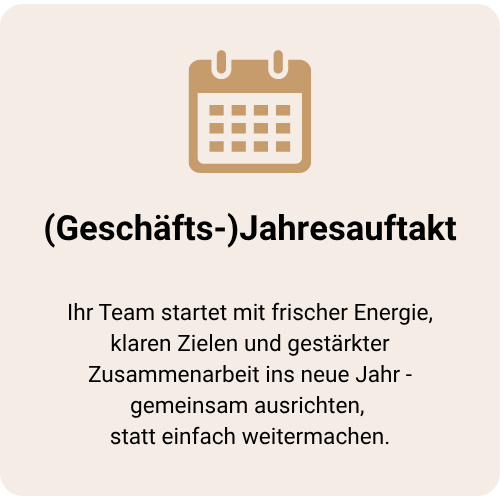 Grafik mit Kalendersymbol und Text „Jahresauftakt“ – Workshop zur Team-Ausrichtung und Motivation