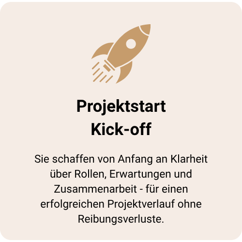 Grafik mit Raketen-Symbol und Text „Projektstart Kick-off“ – Teamentwicklung zu Projektbeginn