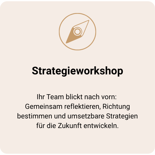 Grafik mit Kompass-Symbol und Text „Strategieworkshop“ – strategische Ausrichtung im Team