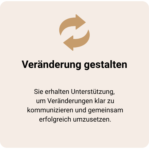 Grafik mit zwei sich drehenden Pfeilen und dem Titel „Veränderung gestalten“ – Begleitung bei Veränderungsprozessen und Kommunikation im Wandel