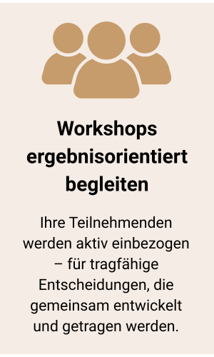 Grafik mit drei Personen und Text „Workshops ergebnisorientiert begleiten“ – Moderation zur Förderung von Beteiligung und gemeinsamen Ergebnissen