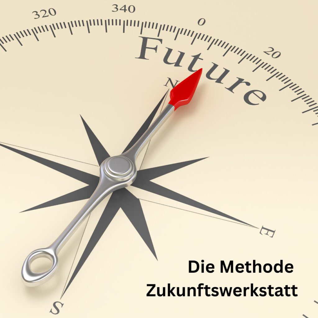 Kompassnadel zeigt auf das Wort „Future“ – Symbol für die Methode Zukunftswerkstatt