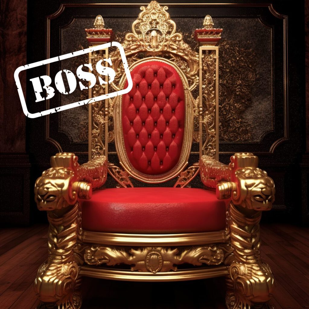 Prunkvoller goldener Thron mit rotem Samt und dem Wort „BOSS“ – Symbol für traditionelle Macht und autoritären Führungsstil