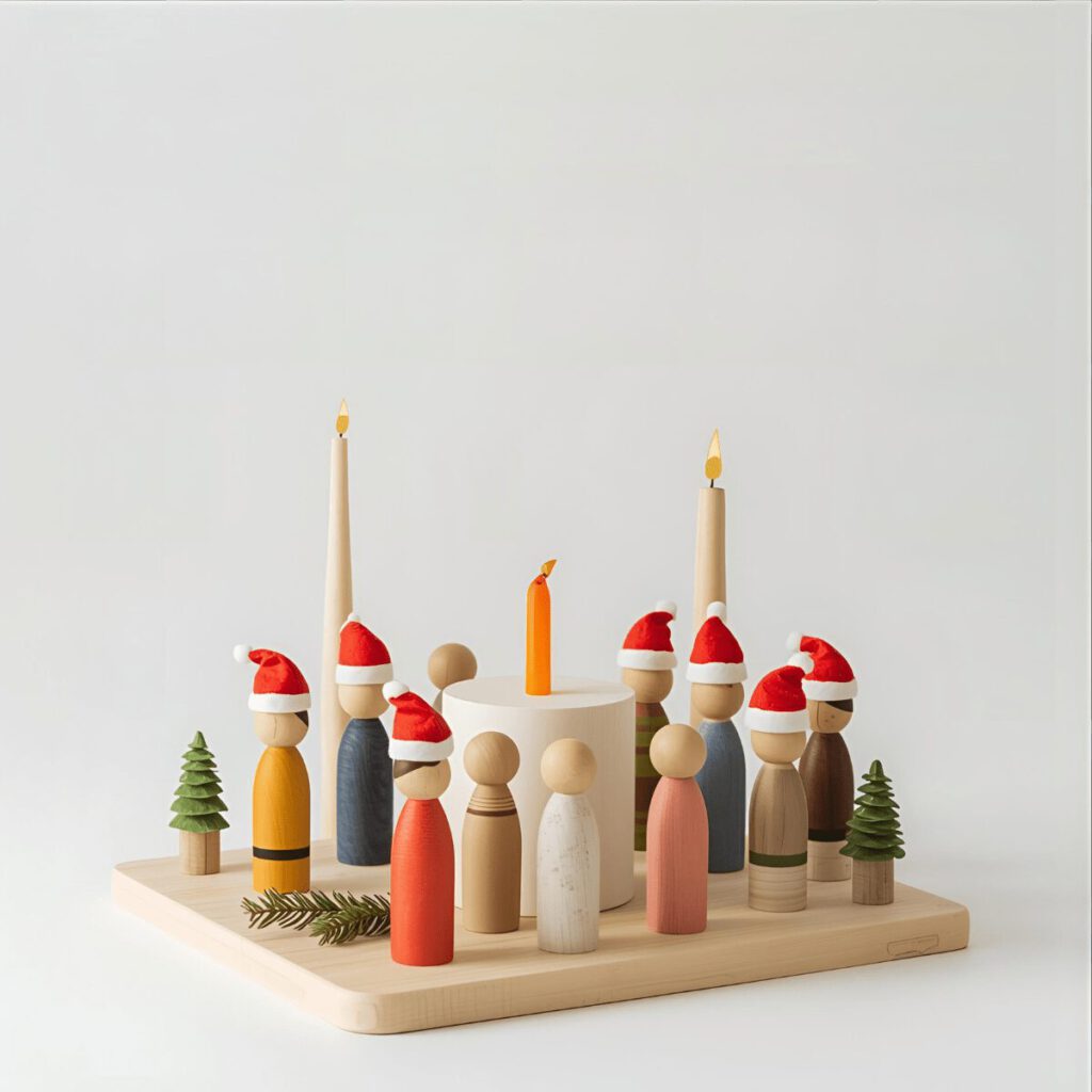 Holzfiguren mit Weihnachtsmützen und Kerzen symbolisieren kulturelle Vielfalt und gemeinsame Rituale im Dezember.