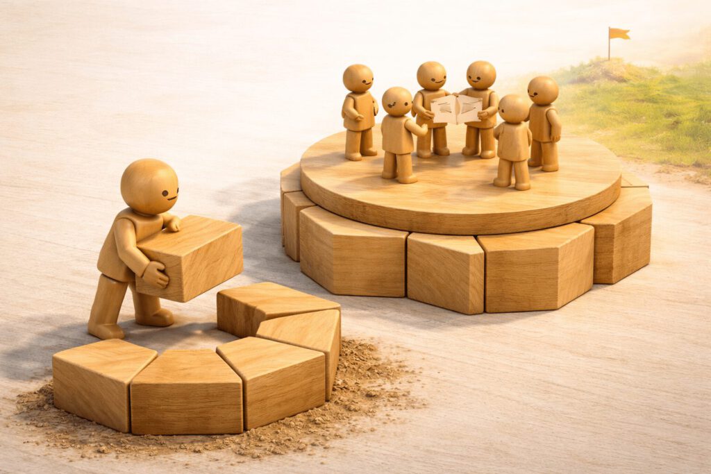 Eine Holzfigur (Führungskraft) setzt den sechsten und letzten Baustein in ein stabiles Fundament. Auf der fertigen Plattform stehen Team-Figuren sicher und schauen nach vorne. Symbolbild für die 6 Prinzipien wirksamer Führung.