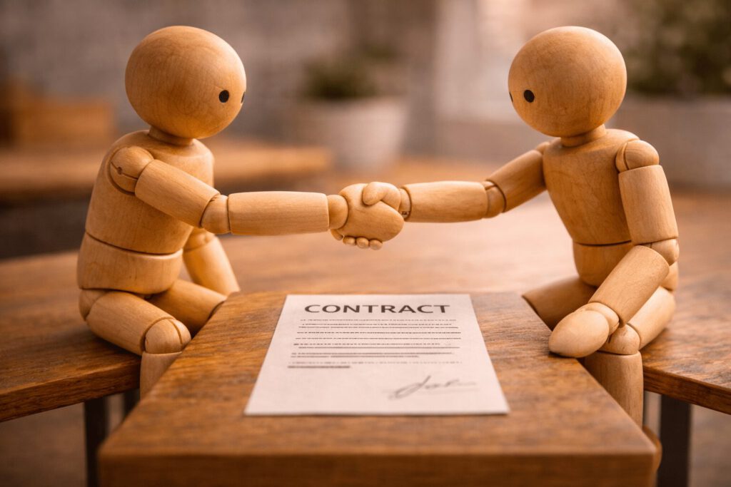 Handschlag zweier Figuren über einem Vertragspapier.