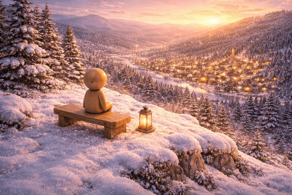 Eine einzelne Führungskraft-Holzfigur sitzt auf einer Bank auf einem verschneiten Hügel und blickt auf ein geschäftiges Tal hinab. Symbolbild für besinnliche Momente des Rückzugs und der Reflexion.