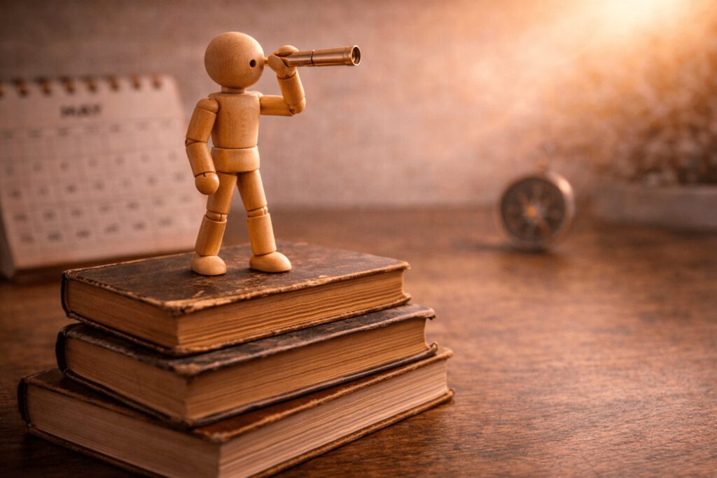 Gliederpuppe steht auf einem Bücherstapel und blickt in ein helles Licht. Symbolbild für Weitblick, Reflexion und Inspiration an Pfingsten (Leadership Best-of).
