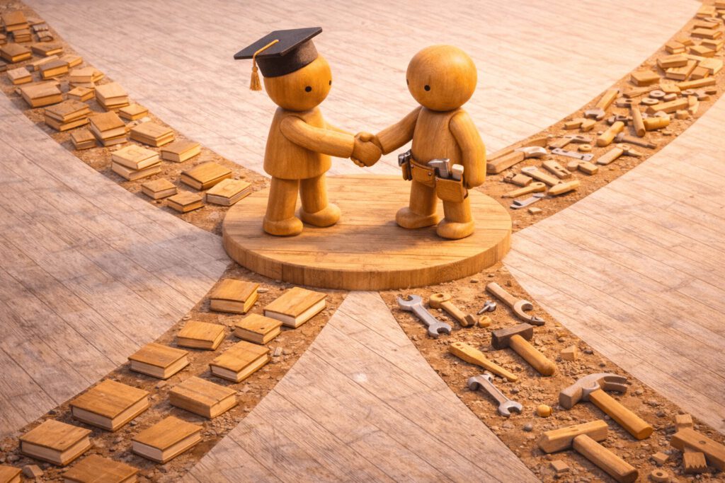 Zwei Wege führen zusammen: Einer aus Büchern, einer aus Werkzeugen. Die Figuren treffen sich in der Mitte. Symbolbild für die Stärke unterschiedlicher Bildungswege im Team.