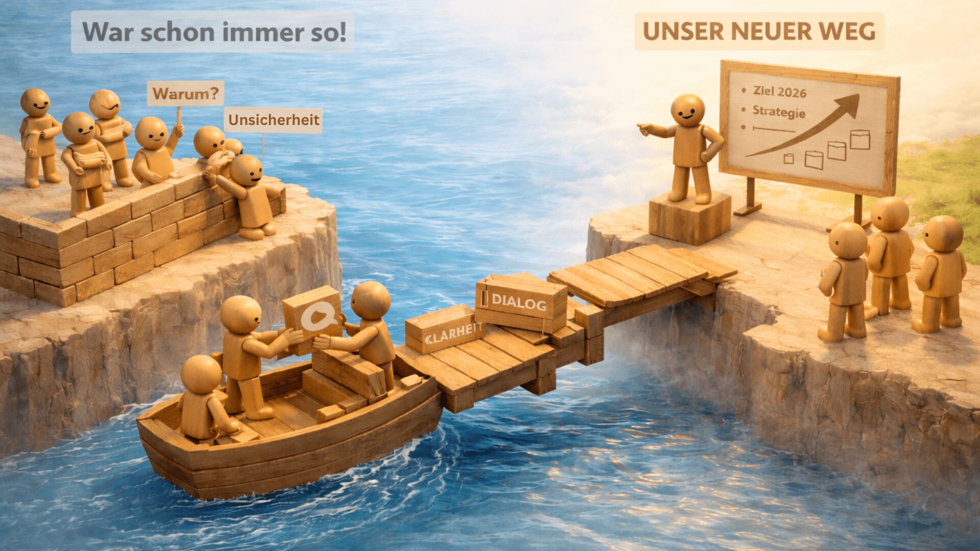 Holzfiguren-Szene an einem Fluss. Eine Informations-Fähre transportiert Kisten mit Nachrichten von einer Führungskraft am neuen Ufer zu skeptischen Mitarbeitern hinter einer Mauer am alten Ufer. Symbolbild für Change-Kommunikation.