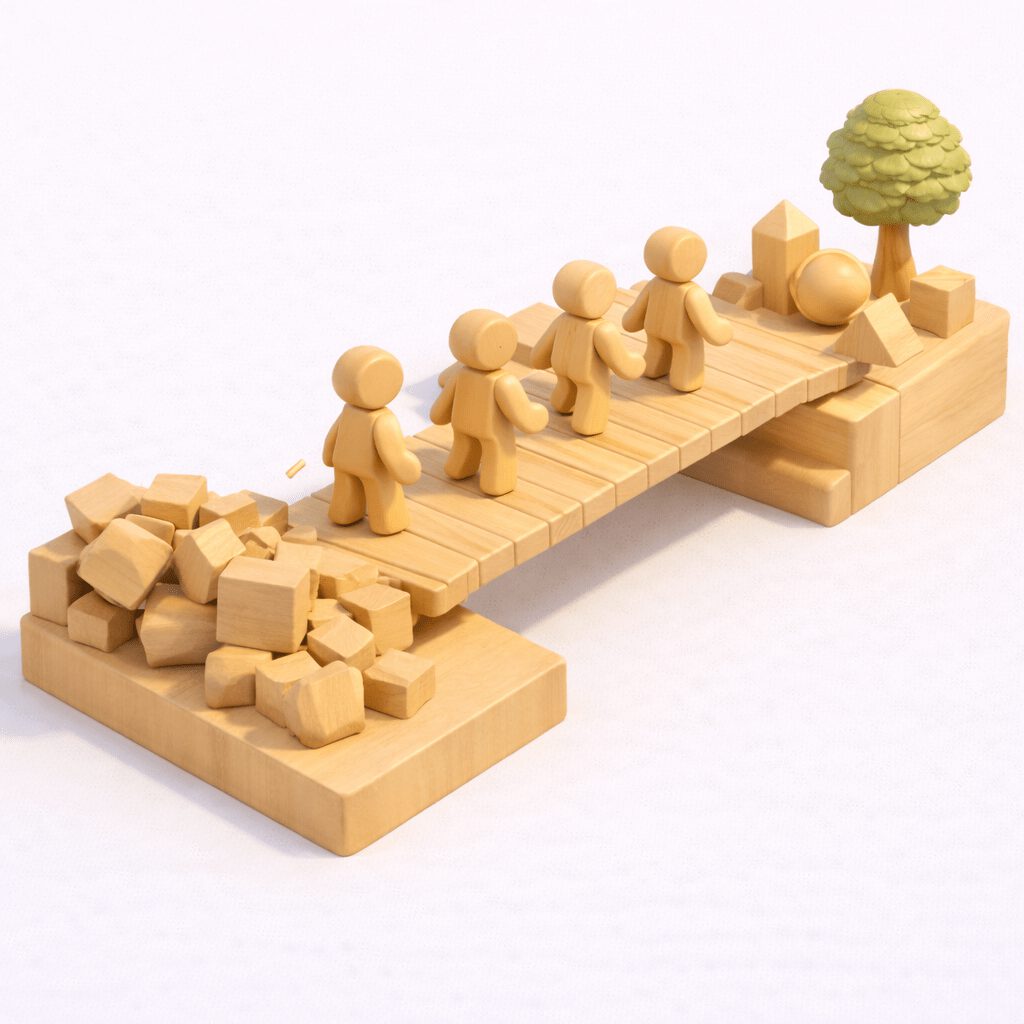 Isometrische Holzfiguren überqueren eine Brücke von einer chaotischen Seite zu einer geordneten, blühenden Seite: Symbolbild für Change Management und erfolgreiche Transformation.