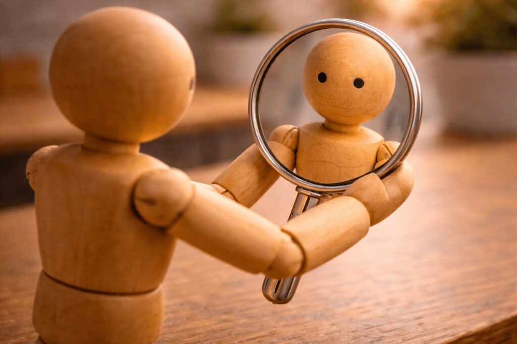 Eine Figur hält einer anderen einen Spiegel vor.