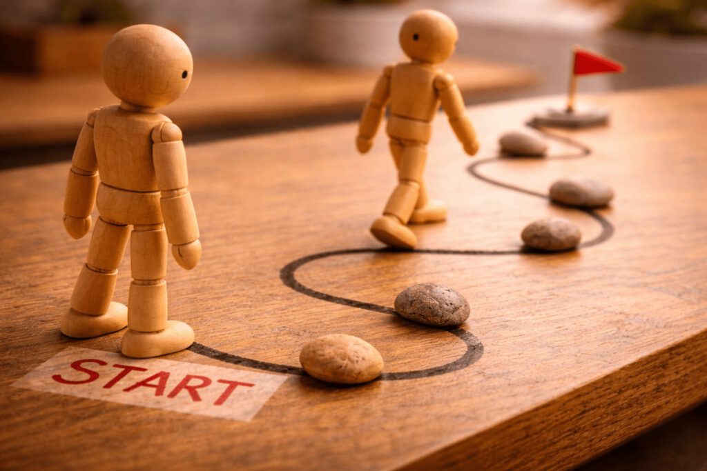 Eine Figur auf einem aufgezeichneten Weg mit Meilensteinen.