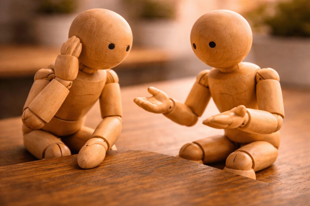 Zwei Figuren im Gespräch, eine hört intensiv und zugewandt zu.