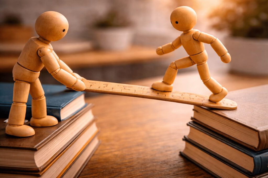 Eine Gliederpuppe überquert mutig eine Brücke über einen Abgrund, während eine zweite Figur (der Coach) die Brücke festhält und sichert. Symbolbild für die unterstützende Rolle von Coaching in komplexen Transformationsprozessen und Change-Management in Unternehmen.