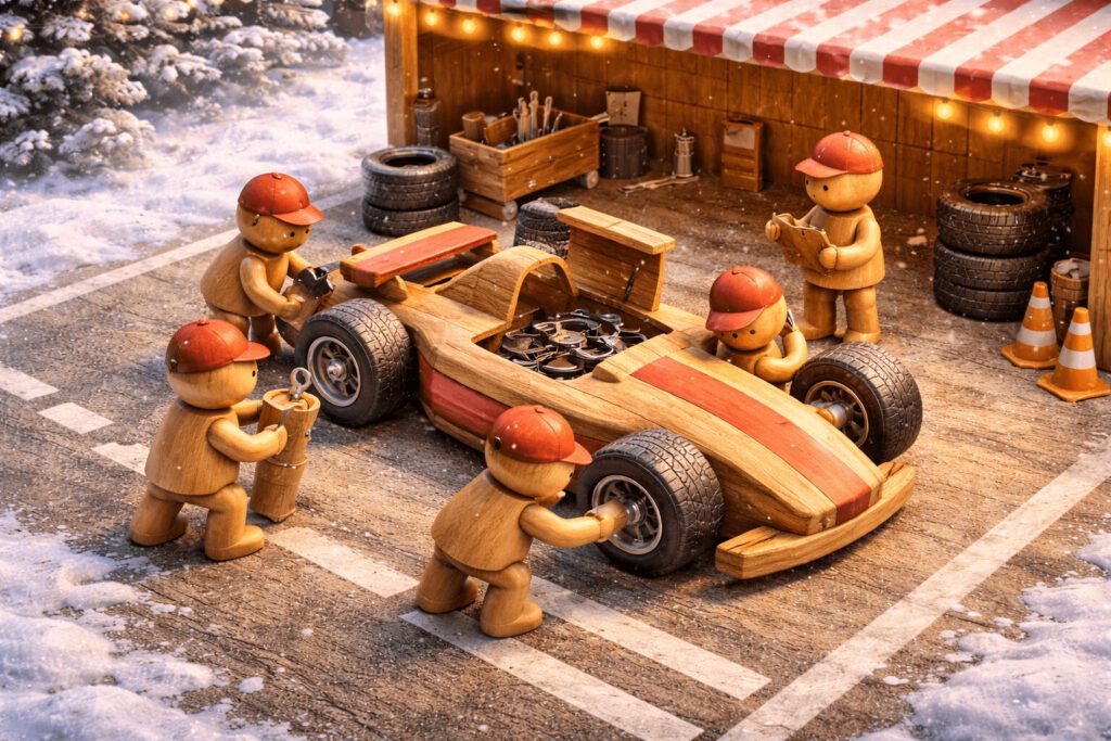 Ein Holz-Rennwagen beim Boxenstopp im Winter. Mechaniker-Figuren überprüfen das Fahrzeug, ein Leiter mit Klemmbrett überwacht den Vorgang. Symbolbild für einen kurzen Status-Check-in vor Jahresende.
