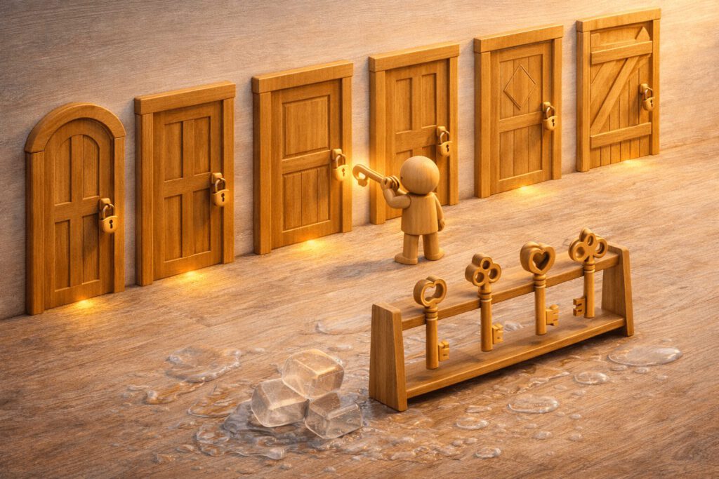 Eine Holzfigur hält einen von fünf großen Schlüsseln und steht vor fünf verschlossenen Türen. Symbolbild für die fünf wichtigsten Fragen, die als Schlüssel zu effektiverer Führung dienen.