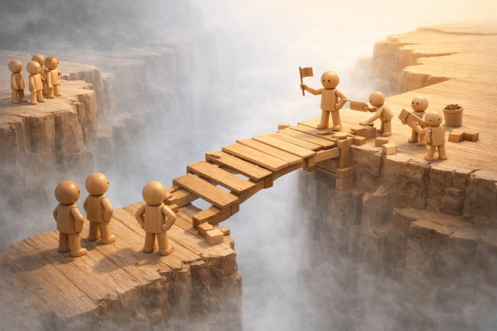 Holzfiguren bauen unter Anleitung einer Führungskraft eine Brücke über einen nebligen Abgrund. Symbolbild für Führung in Veränderungsprozessen und das Überwinden von Unsicherheit.