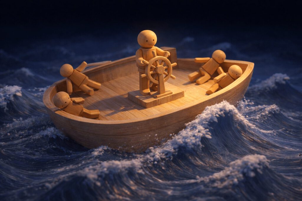Eine Holzfigur steht stabil und aufrecht am Steuer eines Schiffes in stürmischer, dunkler See. Die anderen Figuren an Deck verlieren das Gleichgewicht. Symbolbild für Führung in der Krise, Resilienz und Haltung bewahren.