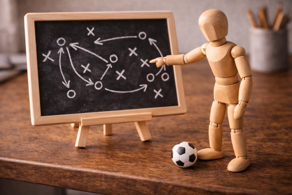 Eine Holzfigur steht als Trainer an einer Taktiktafel und erklärt eine Strategie für die zweite Jahreshälfte. Symbolbild für strategische Führung und Halbzeitbilanz.
