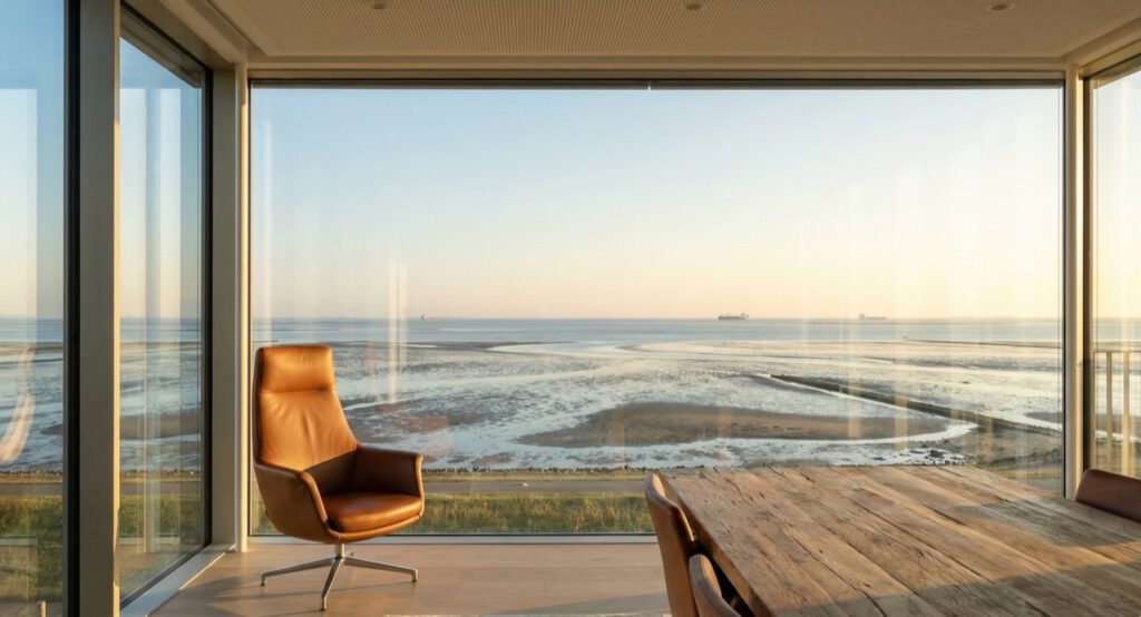 Ein heller, moderner Besprechungsraum mit Blick auf das Wattenmeer und die Nordsee. Ein leerer Ledersessel an einem Holztisch steht bereit. Symbolbild für Führungskräfte Coaching, strategischen Weitblick und Klarheit abseits des Tagesgeschäfts.