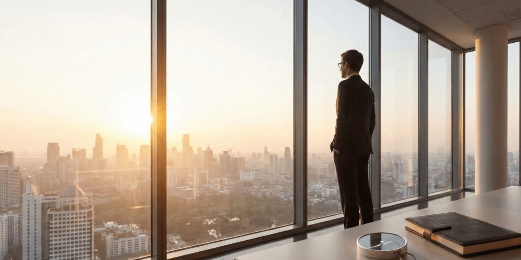 Geschäftsperson blickt aus einem modernen Büro auf die Skyline – Symbol für Reflexion und strategische Weitsicht.