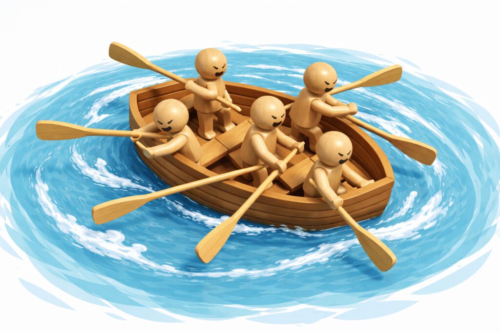 Fünf Holzfiguren sitzen in einem Ruderboot auf dem Wasser und rudern wütend in völlig unterschiedliche Richtungen. Das Wasser wirbelt auf, aber das Boot bewegt sich nicht vorwärts. Symbolbild für fehlende gemeinsame Ziele und mangelndes Alignment im Team.