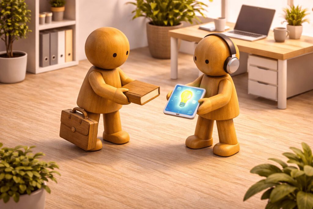 Eine ältere Holzfigur (mit Aktenkoffer) und eine junge Holzfigur (mit Tablet und Kopfhörern) tauschen Erfahrung gegen digitale Skills. Symbolbild für Gen Z im Unternehmen.