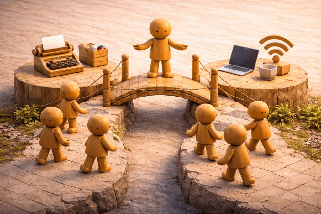 Eine Brücke verbindet eine Plattform mit Schreibmaschine (Tradition) und eine mit Laptop (Moderne). Eine Führungskraft vermittelt dazwischen. Symbolbild für generationengerechte Führung.