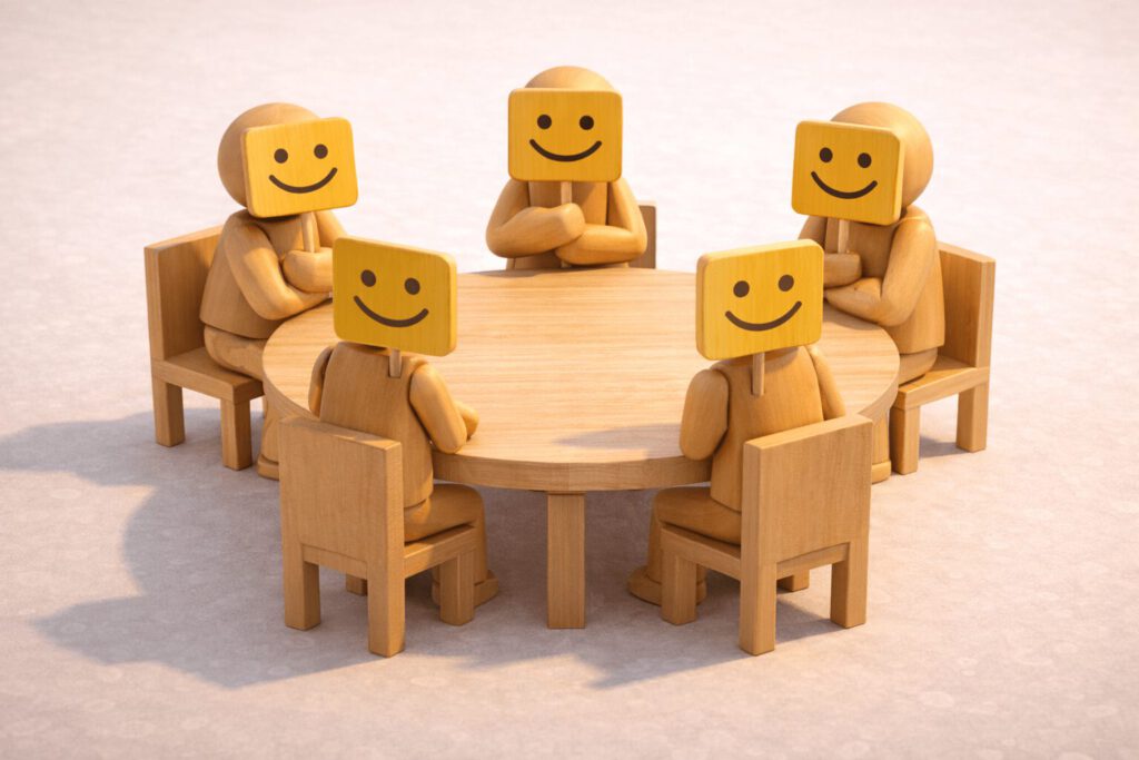 Fünf Holzfiguren sitzen an einem runden Tisch und halten sich gelbe Schilder mit aufgemalten Smileys vor die Gesichter. Die wahre Mimik ist verborgen. Symbolbild für künstliche Harmonie im Team und die Angst vor Konflikten.