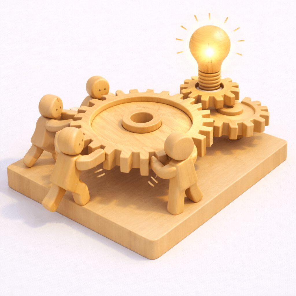 Isometrische Holzfiguren schieben gemeinsam Zahnräder an, die eine Glühbirne zum Leuchten bringen: Symbolbild für High-Performance Teams, Synergie und effektive Zusammenarbeit.