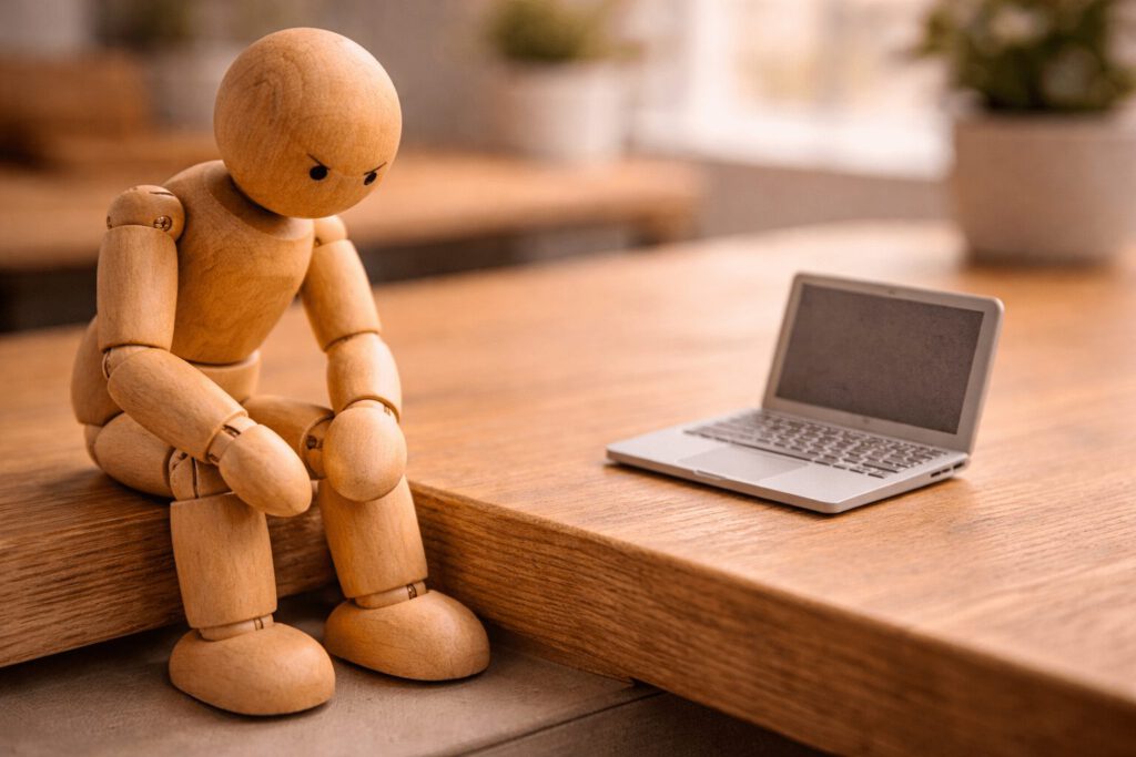 Eine einzelne Gliederpuppe sitzt isoliert vor einem Miniatur-Laptop.