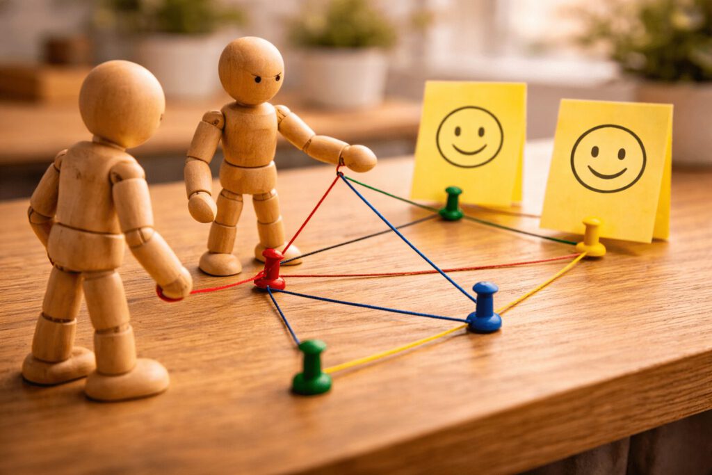 Ein Team aus echten Figuren und Papier-Aufstellern symbolisiert hybride Zusammenarbeit.