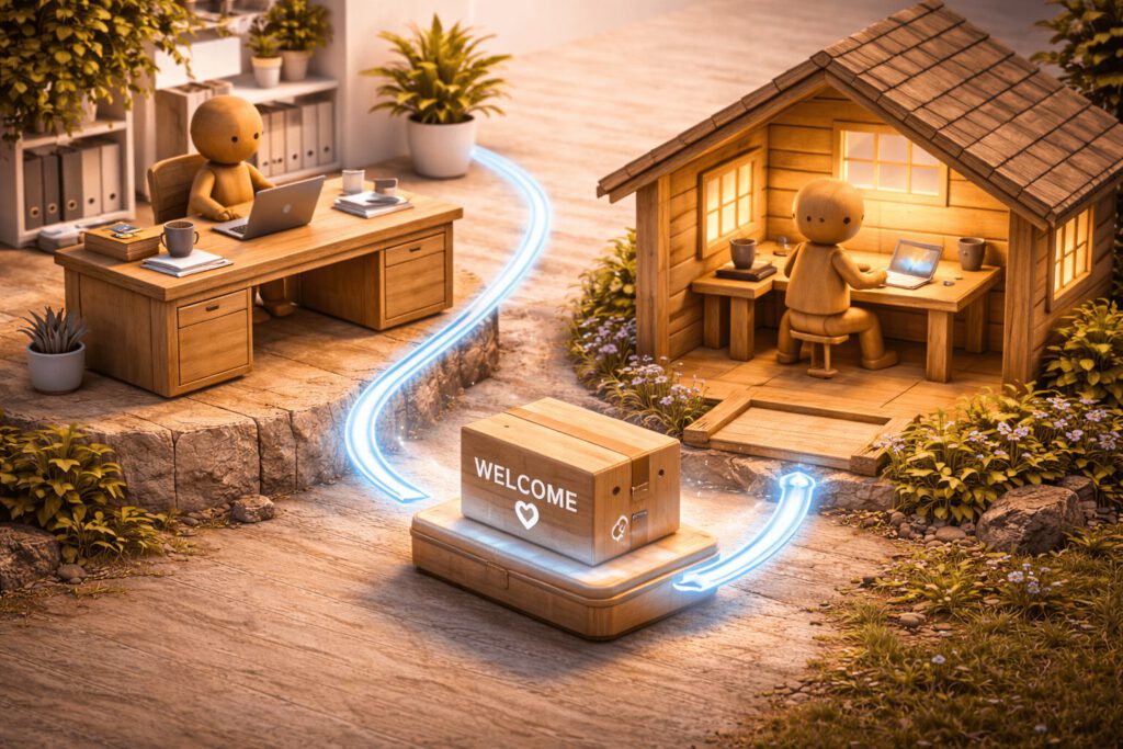 Eine Führungskraft im Büro schickt ein Willkommens-Paket über eine Kabelverbindung zu einem Mitarbeiter im Homeoffice-Haus. Symbolbild für Einarbeitung in hybriden Welten.