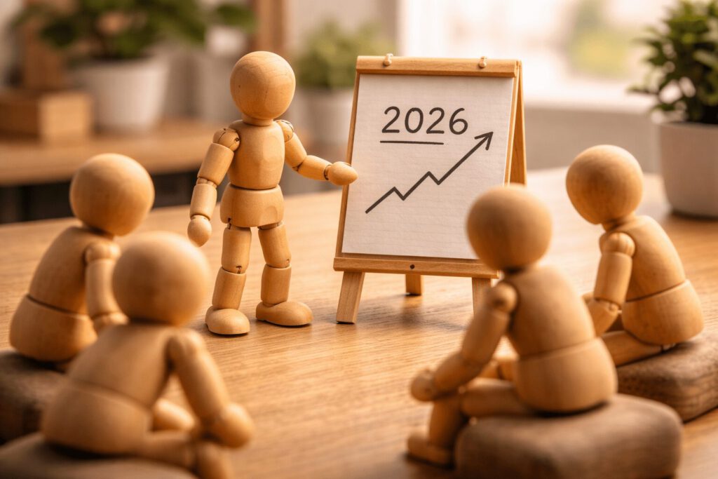Gliederpuppen in einer Workshop-Situation: Ein Team steht im offenen Halbkreis um ein Flipchart mit der Aufschrift "2026" und einem aufsteigenden Pfeil. Symbolbild für interaktive Strategie-Entwicklung und Teamarbeit statt Frontalvortrag.