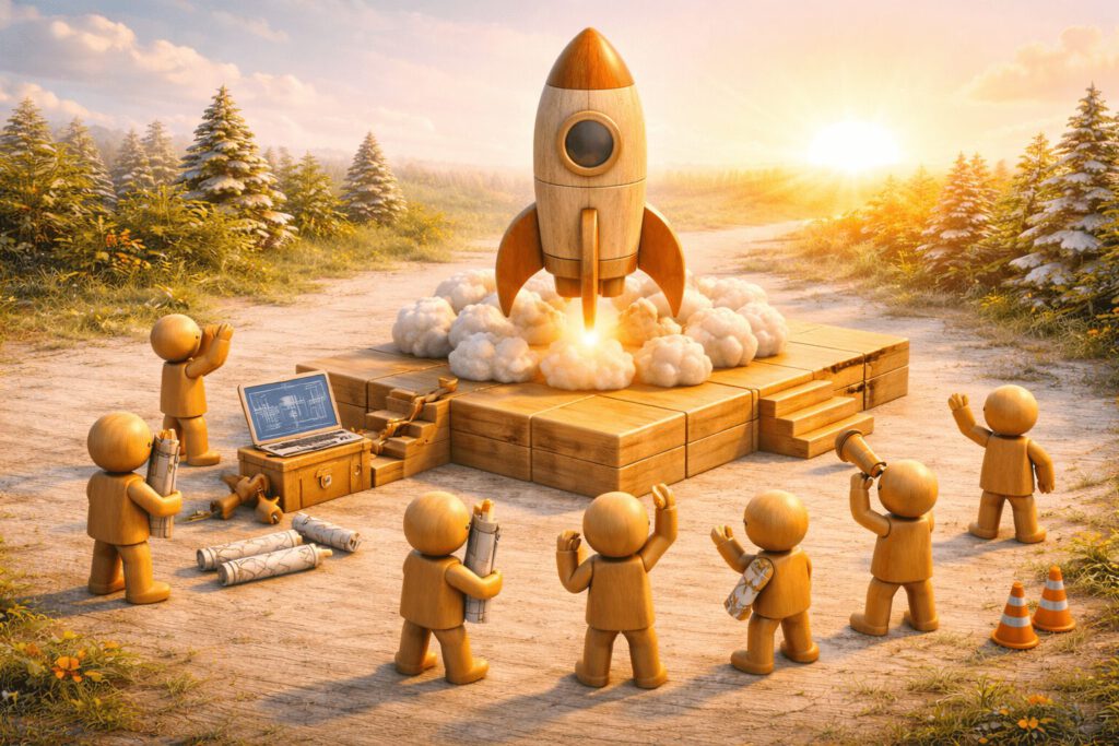 Eine Holzrakete steht startbereit auf einer Rampe, umgeben von einem Team aus Holzfiguren mit Bauplänen, während die Sonne aufgeht. Symbolbild für den energetischen Jahresauftakt und neue Ziele.