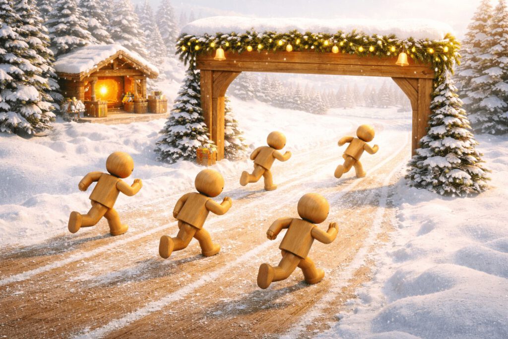 Holzfiguren sprinten auf einer verschneiten Rennstrecke erschöpft aber entschlossen auf ein Zieltor zu, hinter dem eine gemütliche Hütte wartet. Symbolbild für den Jahresendspurt im Business.