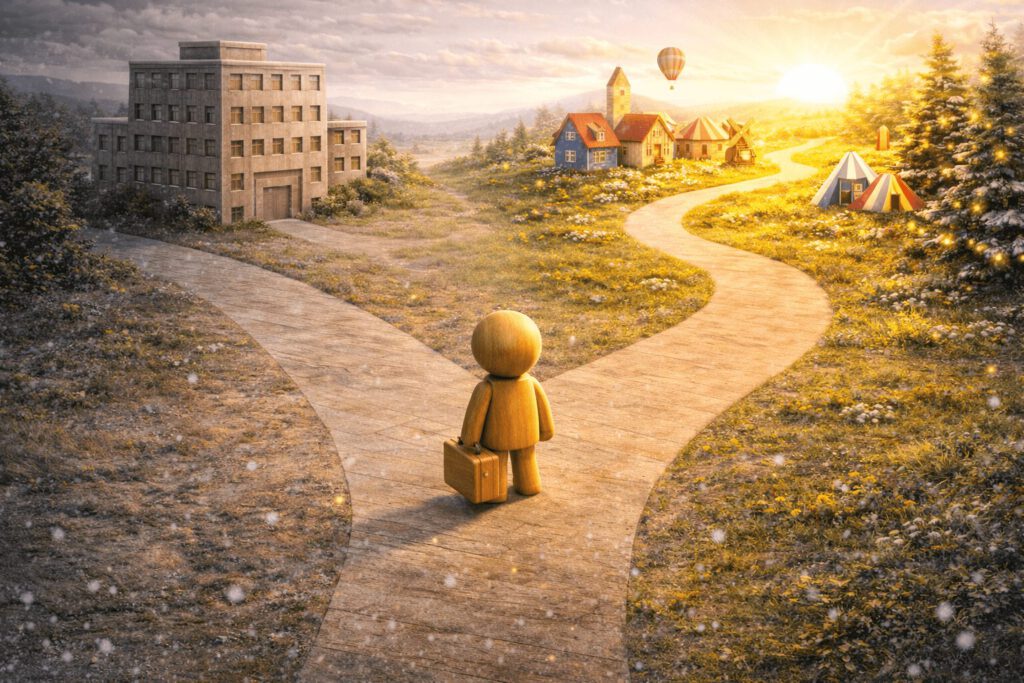 Eine Holzfigur mit Koffer steht an einer Weggabelung. Ein Weg führt zum gewohnten grauen Büro, der andere in eine helle, neue Landschaft mit Möglichkeiten. Symbolbild für Gedanken an einen Jobwechsel.