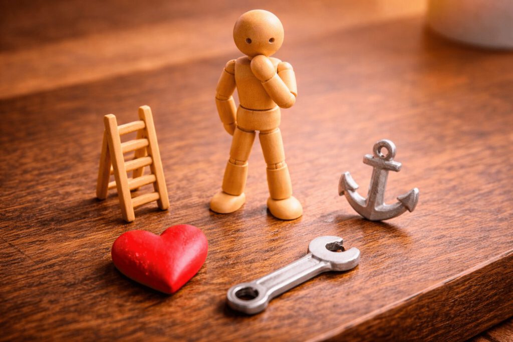 Eine Holz-Gliederpuppe steht inmitten verschiedener Symbole (Leiter, Anker, Herz, Werkzeug), die für die acht Karriereanker nach Edgar Schein stehen. Symbolbild für berufliche Orientierung, Motivationsanalyse und die Wahl des passenden Karriereweges.