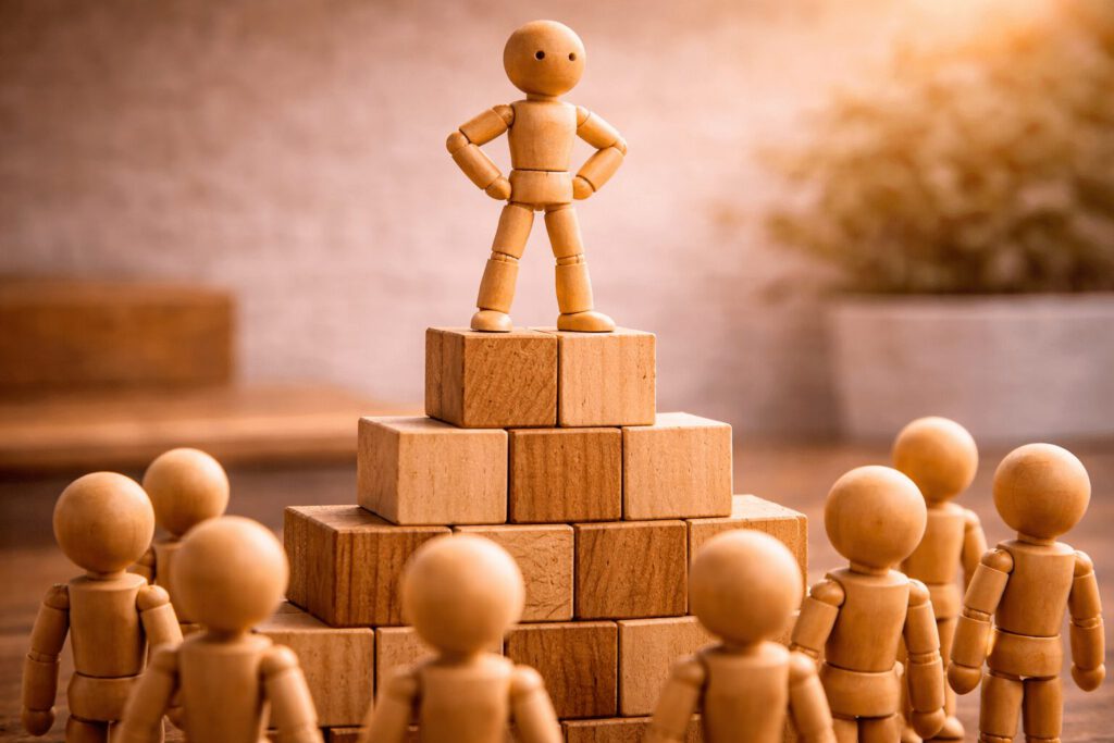 Eine Figur steht auf der Spitze einer Pyramide aus Holzklötzen und blickt über andere hinweg. Symbolisiert den Karriereanker General Management, den Wunsch nach Aufstieg, Führungspositionen und Verantwortung für den Unternehmenserfolg.