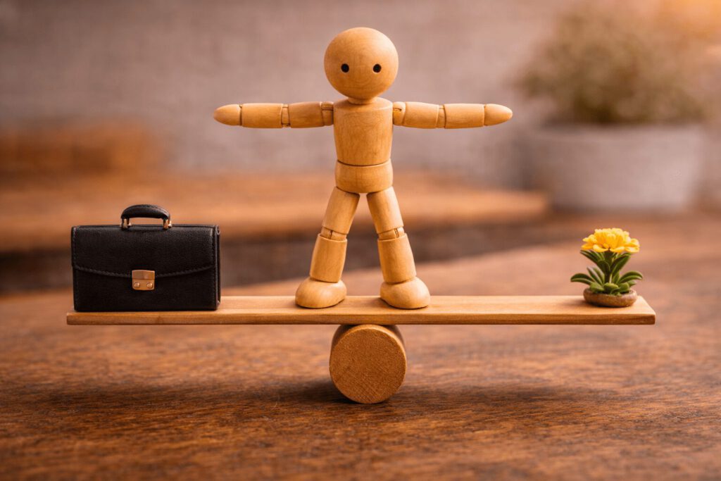 Eine Gliederpuppe balanciert auf einer Wippe Symbole für Arbeit (Aktenkoffer) und Leben (Blume) aus. Symbolbild für den Karriereanker Lebensstilintegration, Vereinbarkeit von Familie und Beruf sowie Work-Life-Balance.