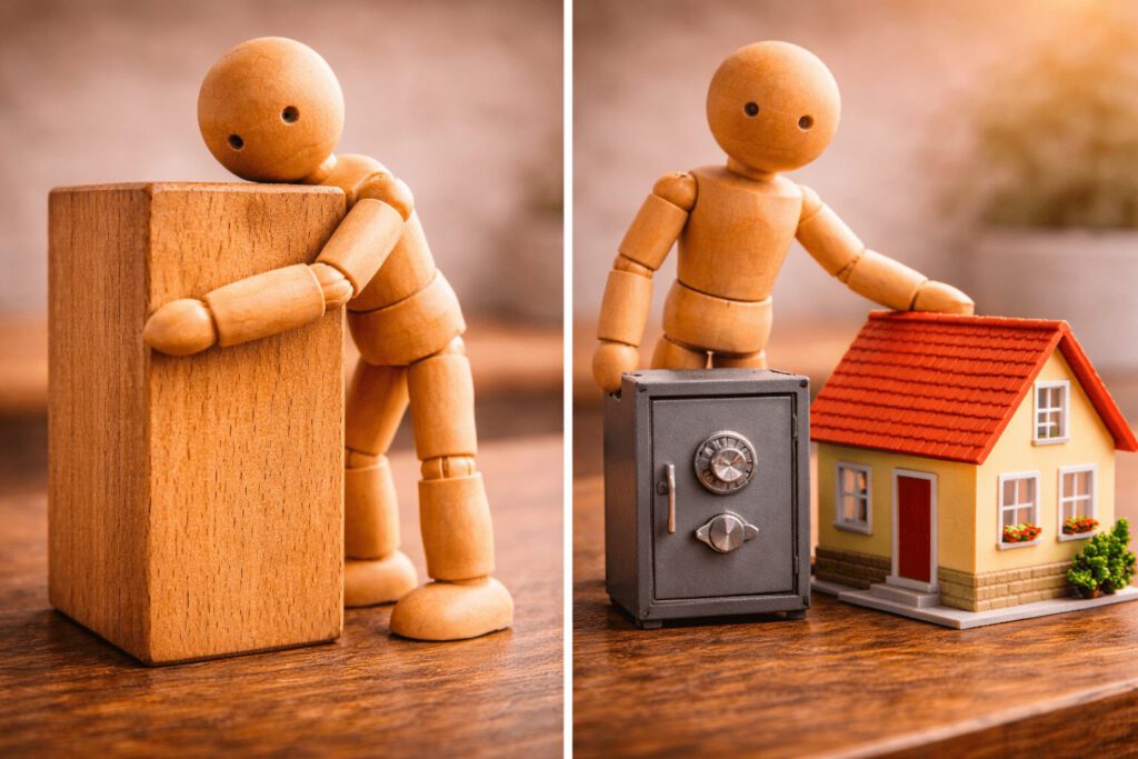 Eine Gliederpuppe lehnt sich entspannt an einen stabilen, schweren Holzblock. Symbolbild für den Karriereanker Sicherheit und Beständigkeit, der für den Wunsch nach einem sicheren Arbeitsplatz, festem Einkommen und Stabilität steht.