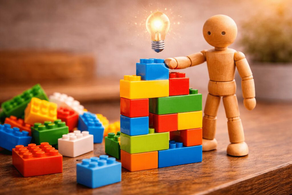 Eine Figur erschafft aus bunten Bausteinen eine völlig neue Struktur, darüber eine Glühbirne. Symbolbild für den Karriereanker Unternehmerische Kreativität, Innovationsgeist und den Drang, etwas Eigenes zu gründen.