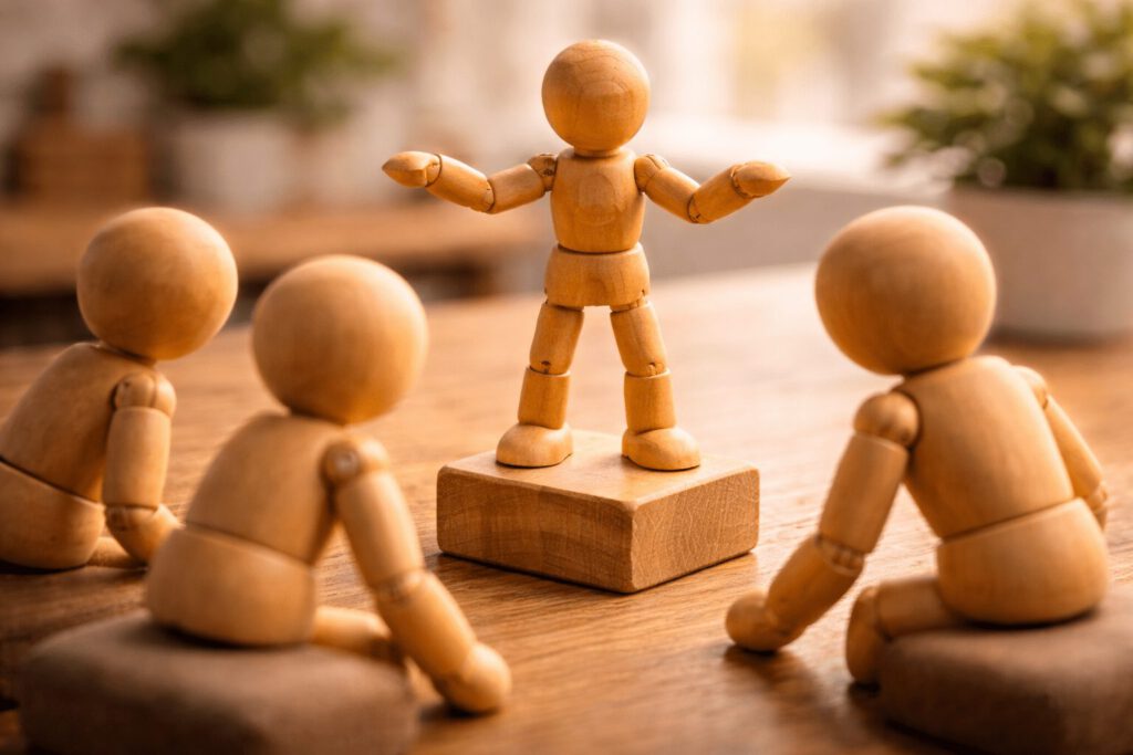 Eine Gliederpuppe steht erhöht und dirigiert eine kleine Gruppe wie ein Orchester.