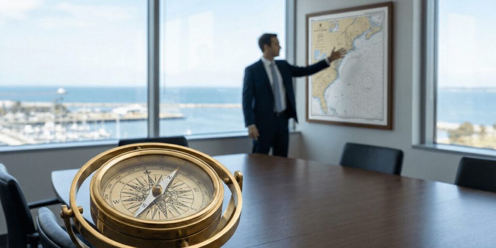 Kompass im Vordergrund und Führungskraft vor einer Landkarte – Symbol für Orientierung und strategische Führung.