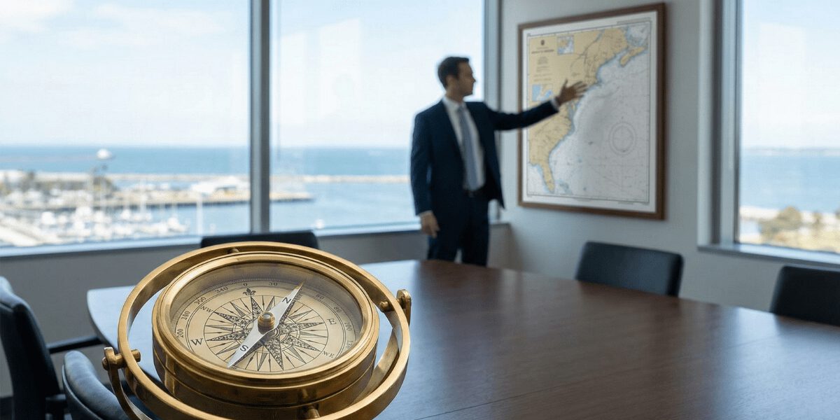 Kompass im Vordergrund und Führungskraft vor einer Landkarte – Symbol für Orientierung und strategische Führung.