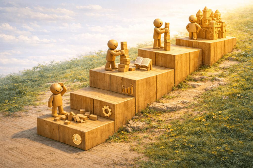 Eine aufsteigende Holzplattform mit vier Ebenen zeigt die Entwicklung von Kompetenz. Unten eine verwirrte Figur vor Trümmern, in der Mitte lernende und übende Figuren, ganz oben ein Meister vor einem perfekten Bauwerk.